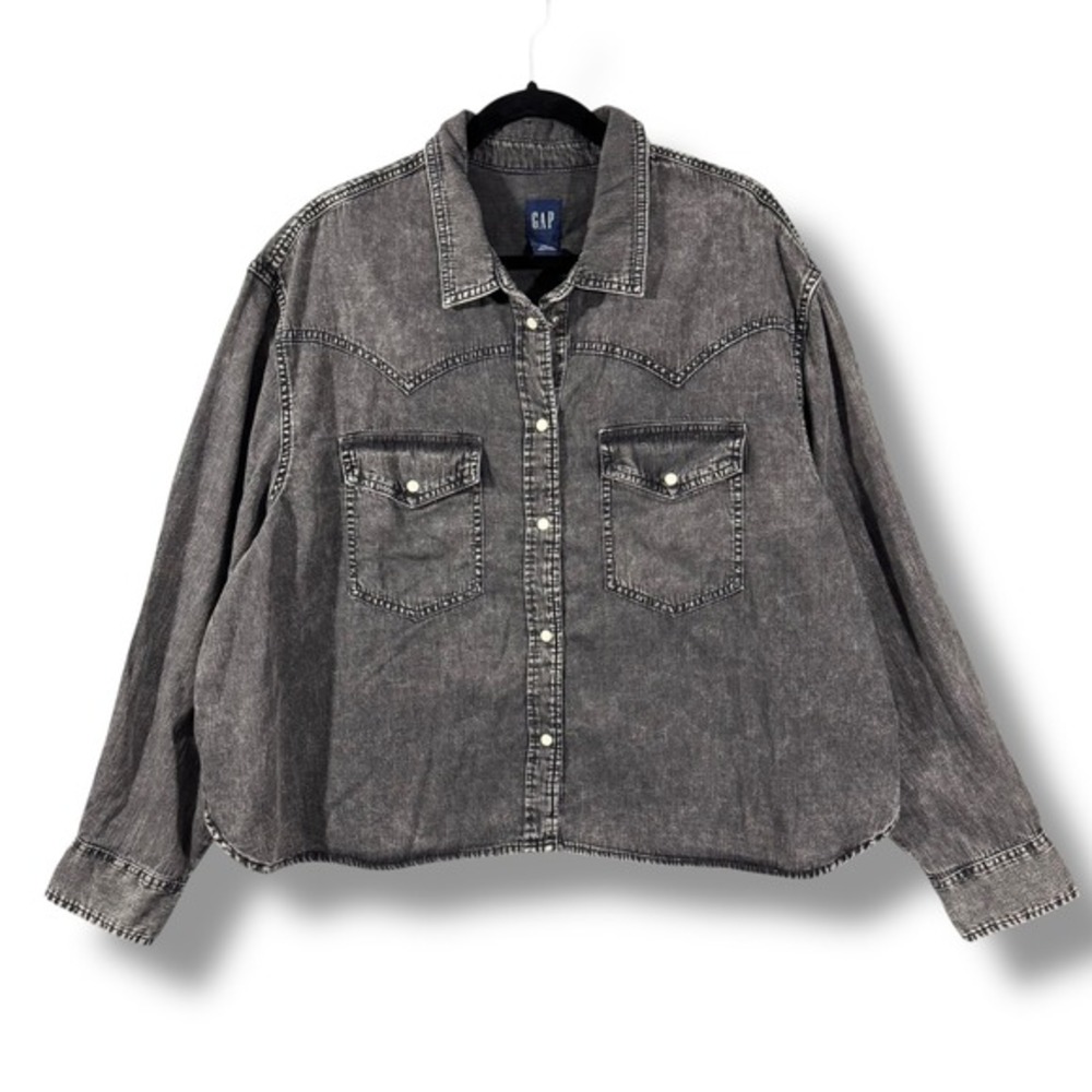 GAP Women's Gray Acid‎ Washed Denim Western Oversized Button Down Shirt Size XXL